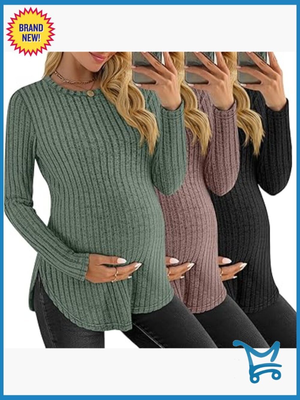 3 Pack Maternity Long Sleeve Ribbed Shirts Crew Neck Split Side Tunic Tops